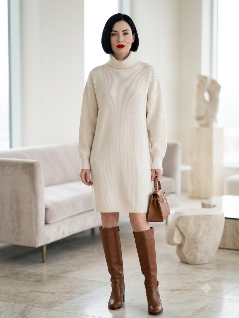 Aritzia Babaton🤎"Maclean" 100% Wool Cream Ribbed Turtleneck Sweater Dress Sz M
